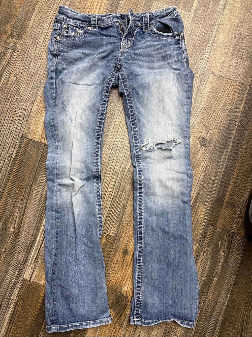 Miss Me Signature Boot Distressed Jeans Womens 28 x 34 Embellished Chic Western